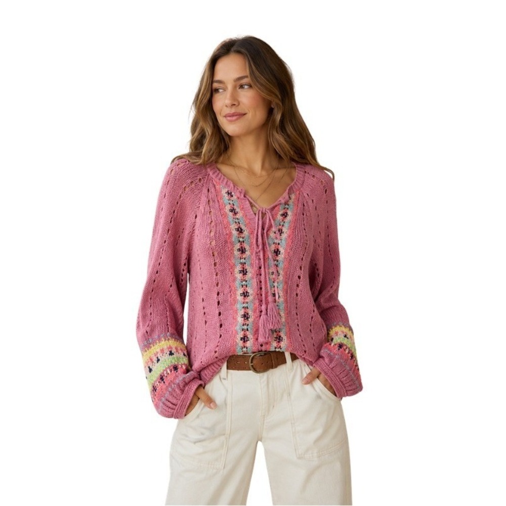 Sundance Women's Large Pink Open Knit Sweater Boho Peasant Pullover Cotton Linen